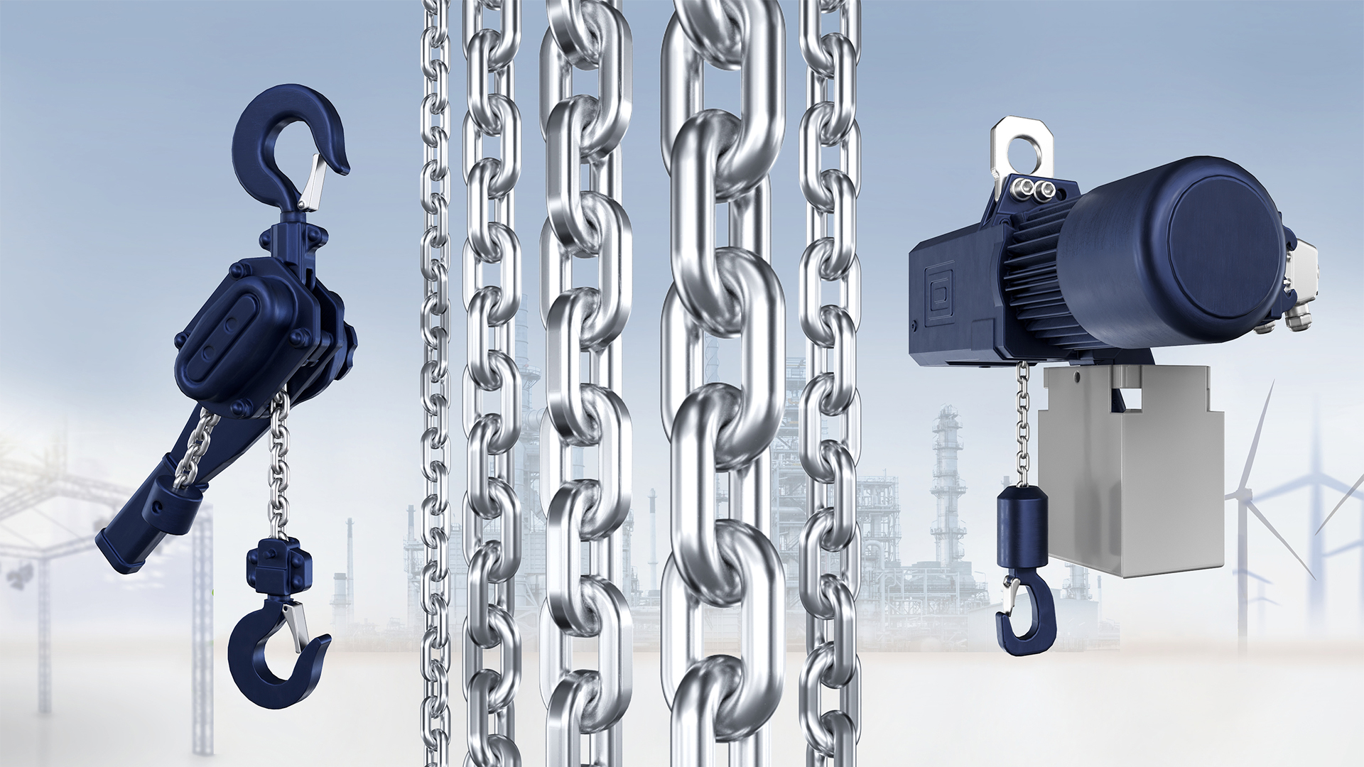 RUD-Hebezeuge mit Industrieketten und Haken für sicheres Heben schwerer Lasten in Industrieumgebungen.