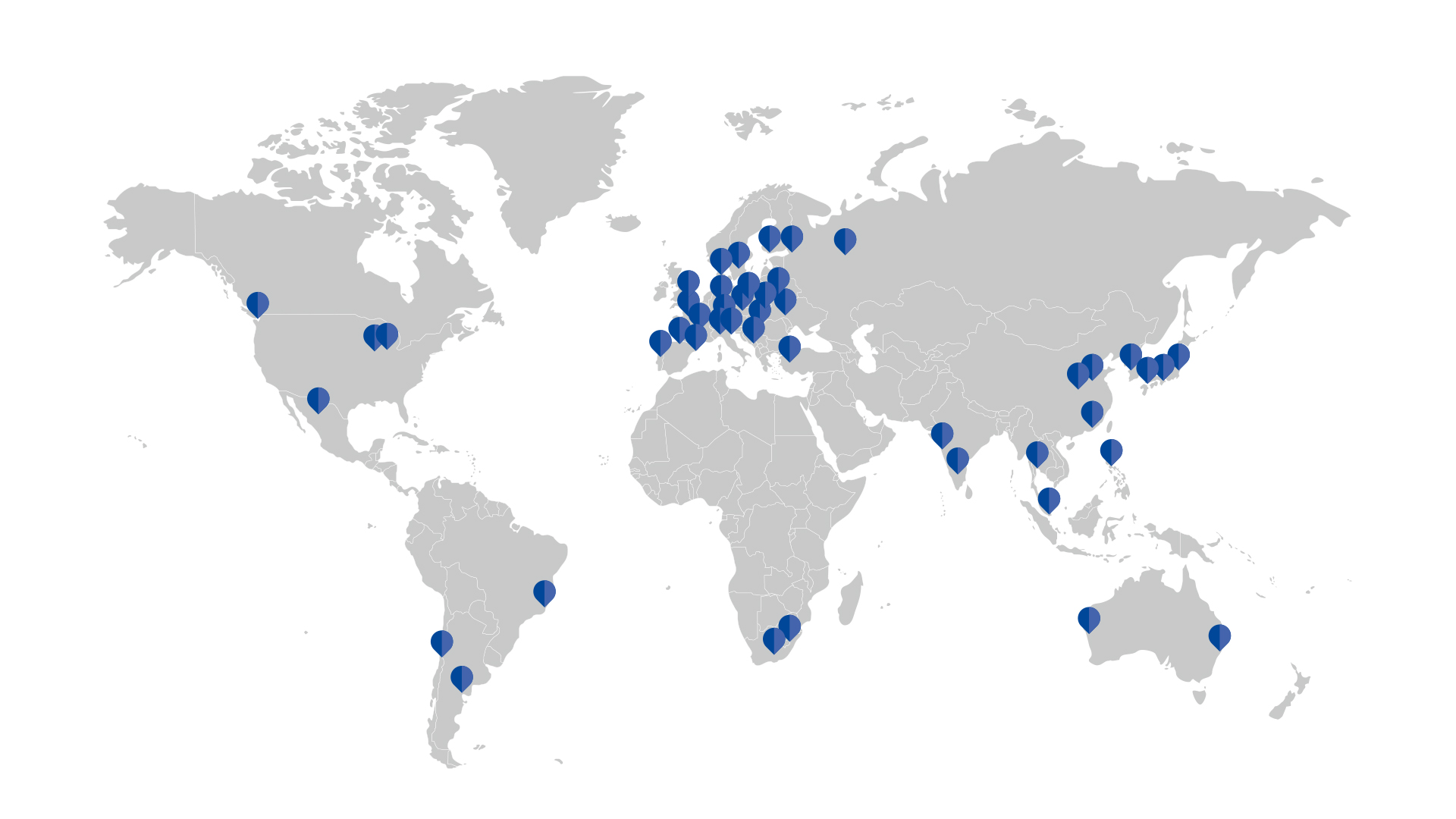 Weltkarte mit blauen Markierungen der internationalen RUD Standorte in Europa, Asien, Nord- und Südamerika, Australien und Südafrika.