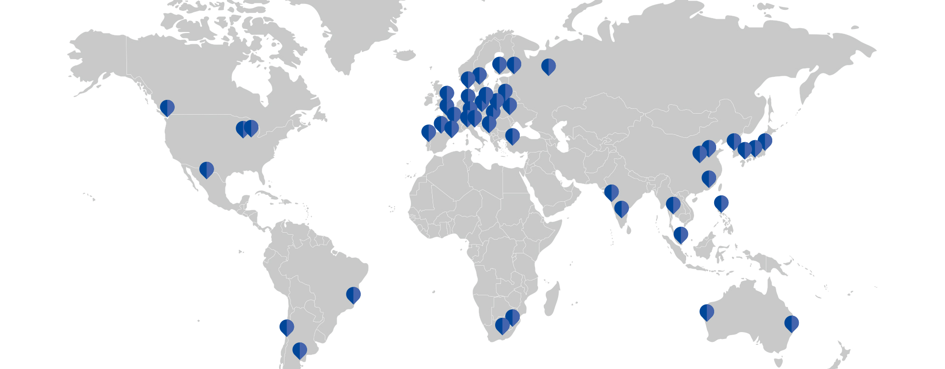 Weltkarte mit blauen Markierungen der internationalen RUD Standorte in Europa, Asien, Nord- und Südamerika, Australien und Südafrika.