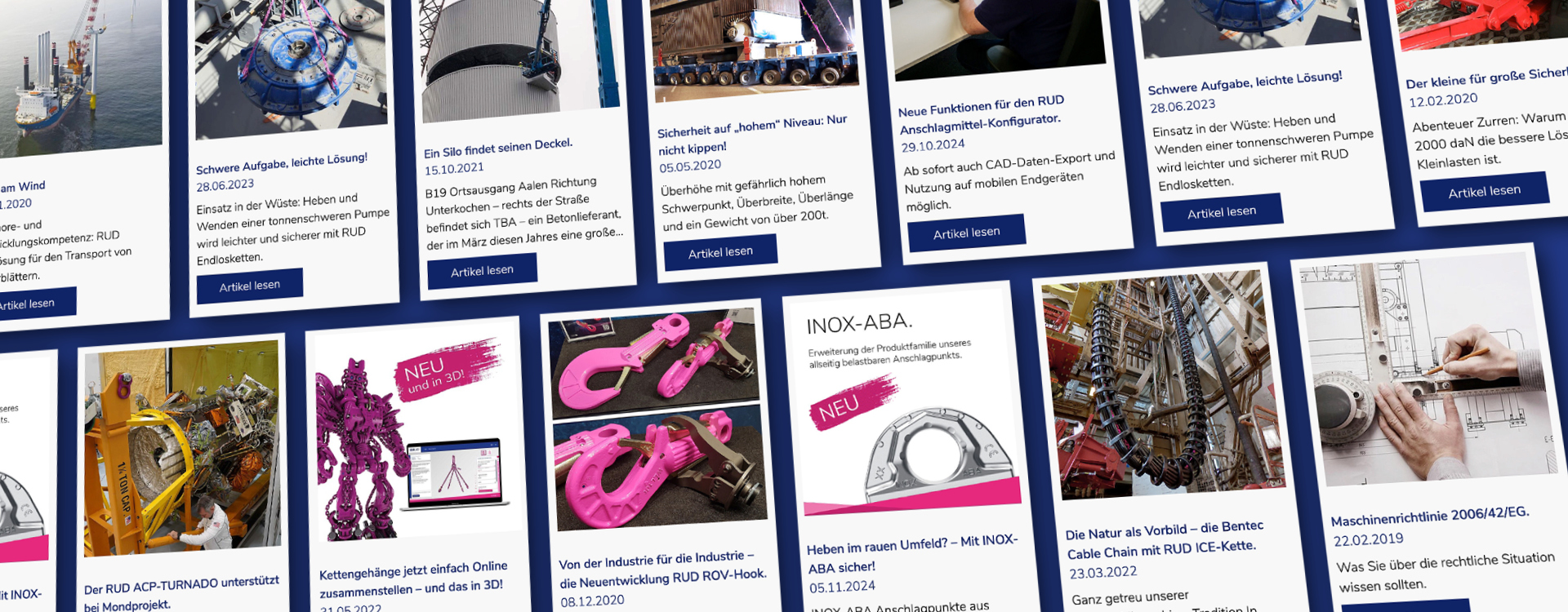 Übersichtsseite mit verschiedenen RUD News-Artikeln zu Produktneuheiten, Projekten und Anwendungen aus den Bereichen Anschlagtechnik, Ketten- und Hebelösungen.