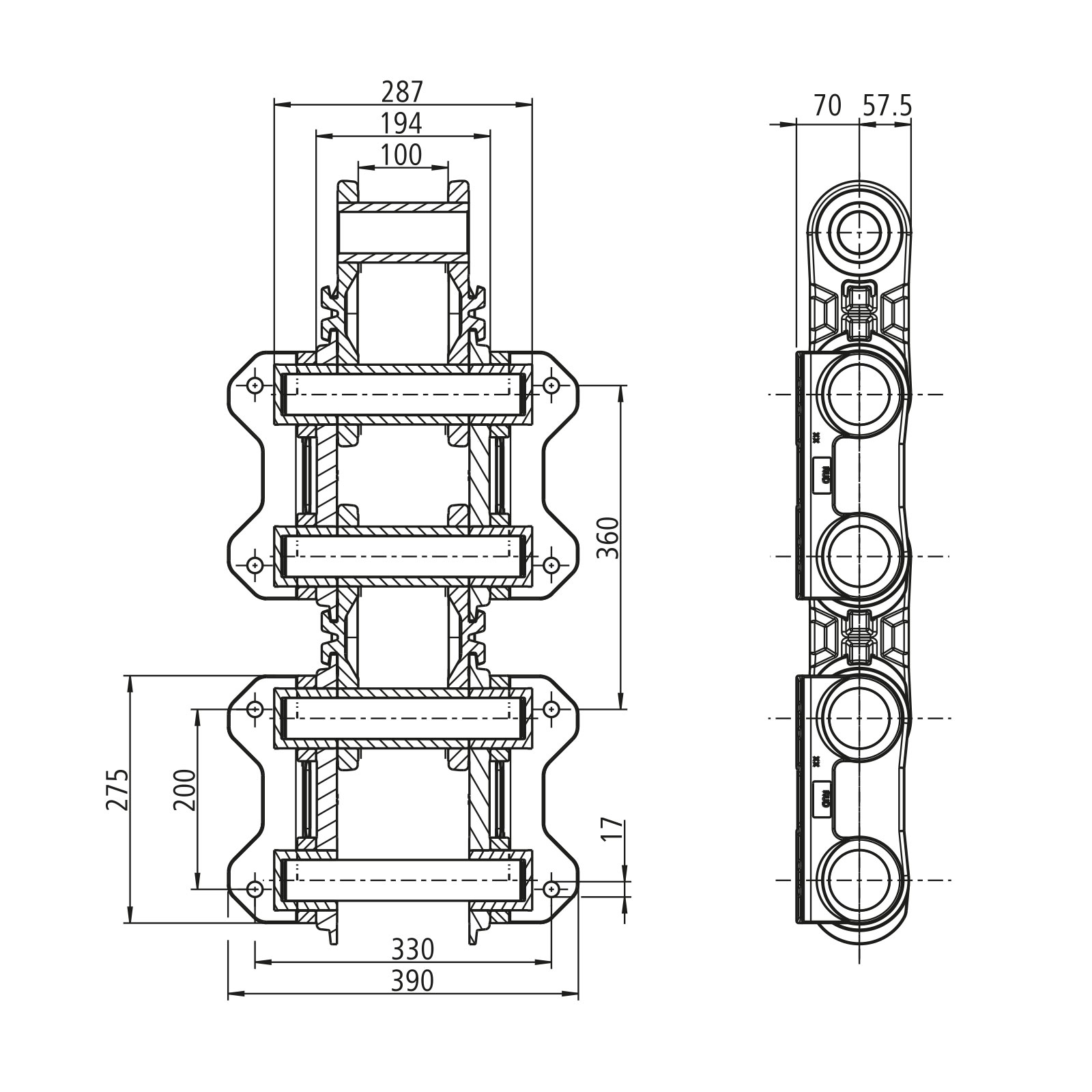 Central chain bucket elevator